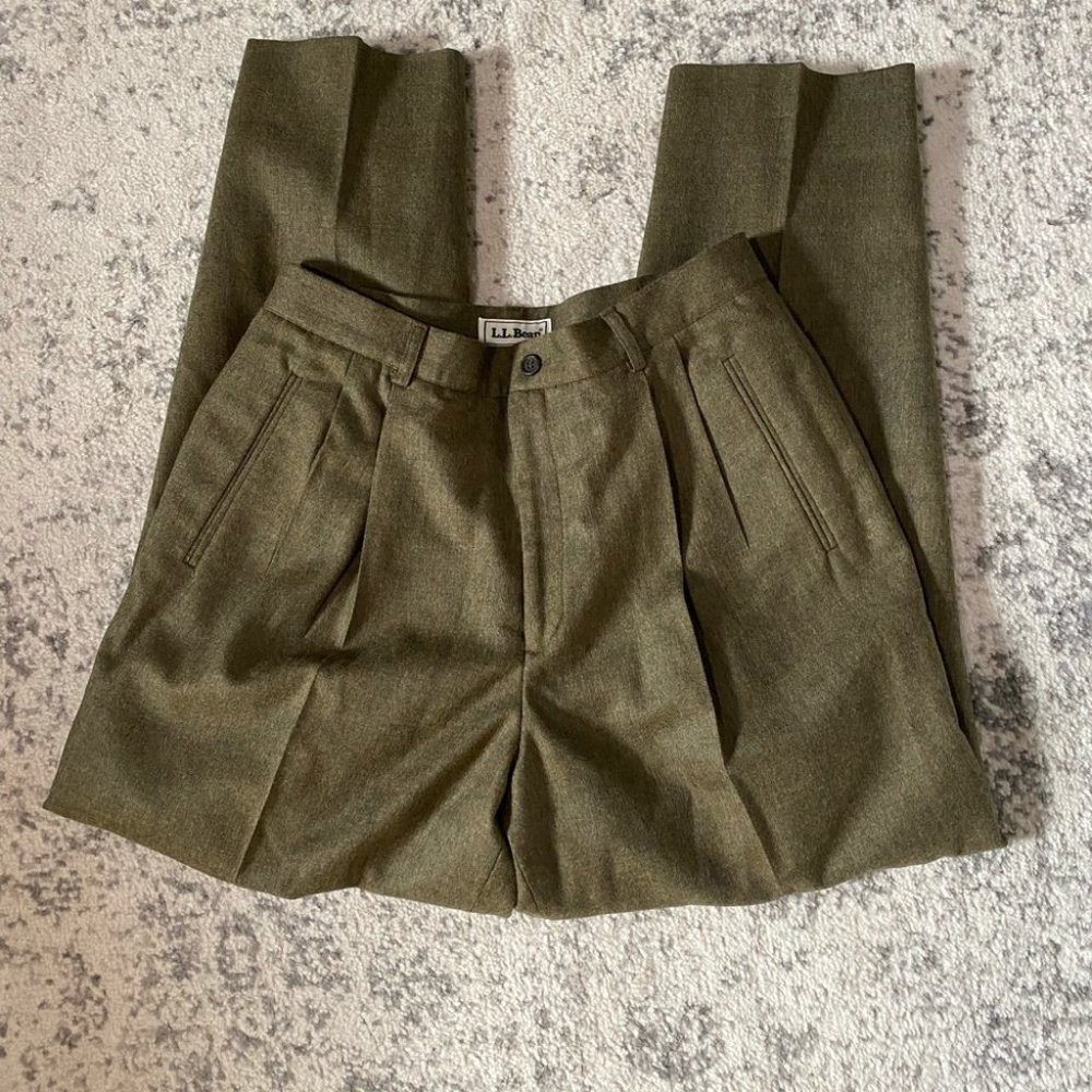 LL Bean high rise wool dress pants trousers green 12 petite